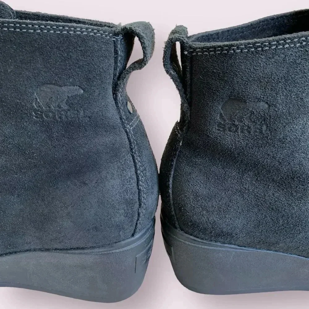 Sorel Suede Leather Waterproof Wedge Heel Ankle Bootie Lace Up Size 9 Black
